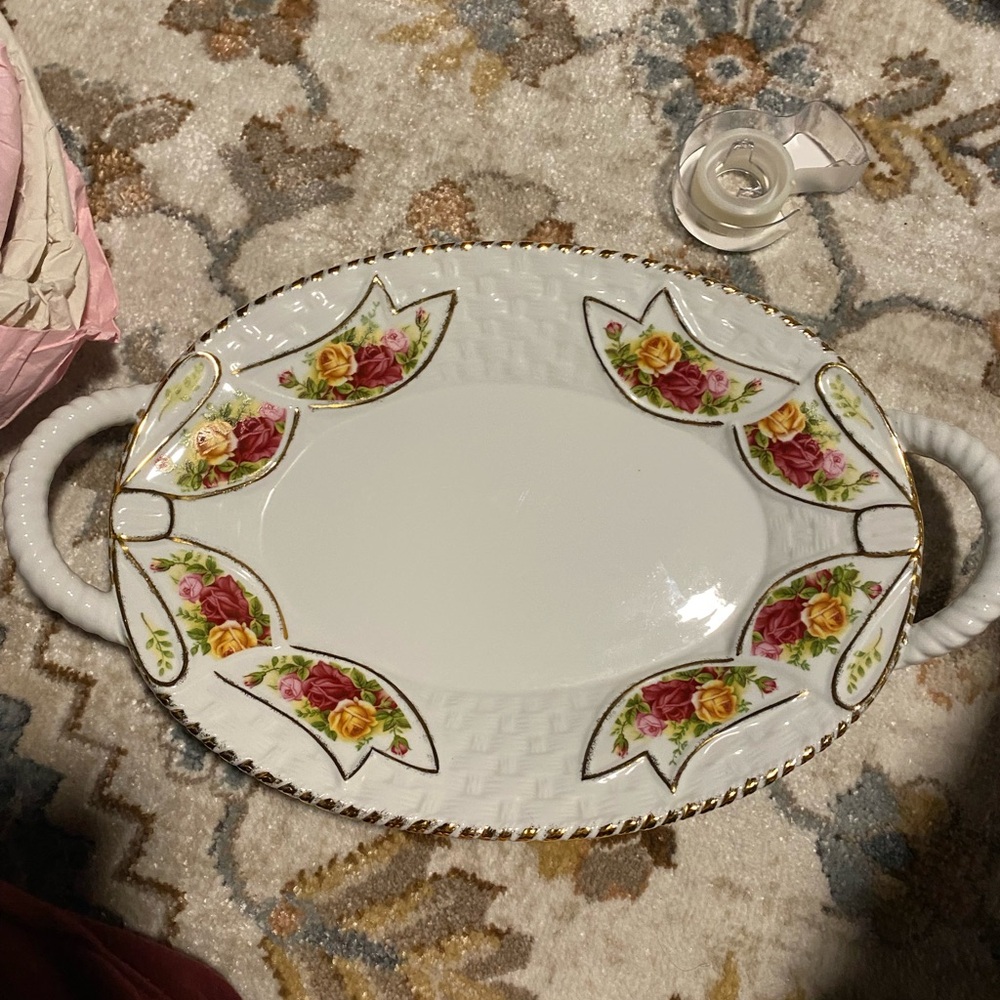 Royal Albert Floral Basketweave with handles Oval Platter with Gold Trim